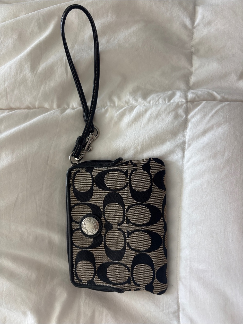 Coach Black and Tan Signature Canvas Wristlet with Leather Strap
